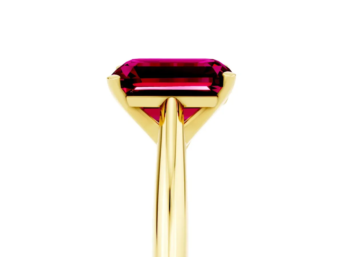 Emerald Cut Garnet Solitaire Engagement Ring with Cathedral Setting and Four-Prong Mount Yellow gold