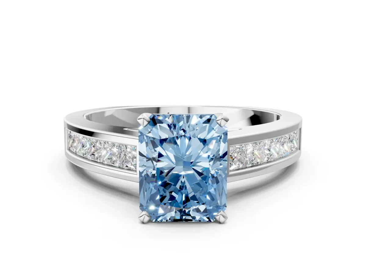 Fancy Blue Radiant Cut Solitaire Diamond Ring with Channel-Set Band and Four-Prong Setting Platinum