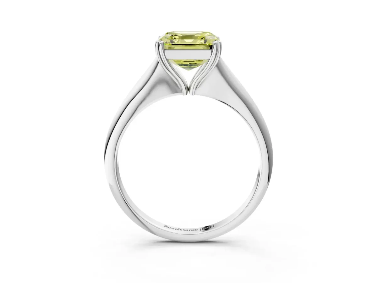 Fancy Yellow Asscher Cut Solitaire Diamond Ring with Six-Prong Setting and Classic Band Platinum