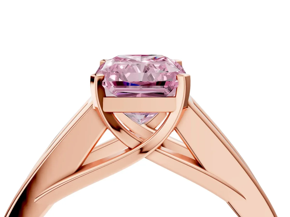 Fancy Pink Radiant Cut Cut Channel Set Solitaire Ring with Four-Prong Setting Rose gold