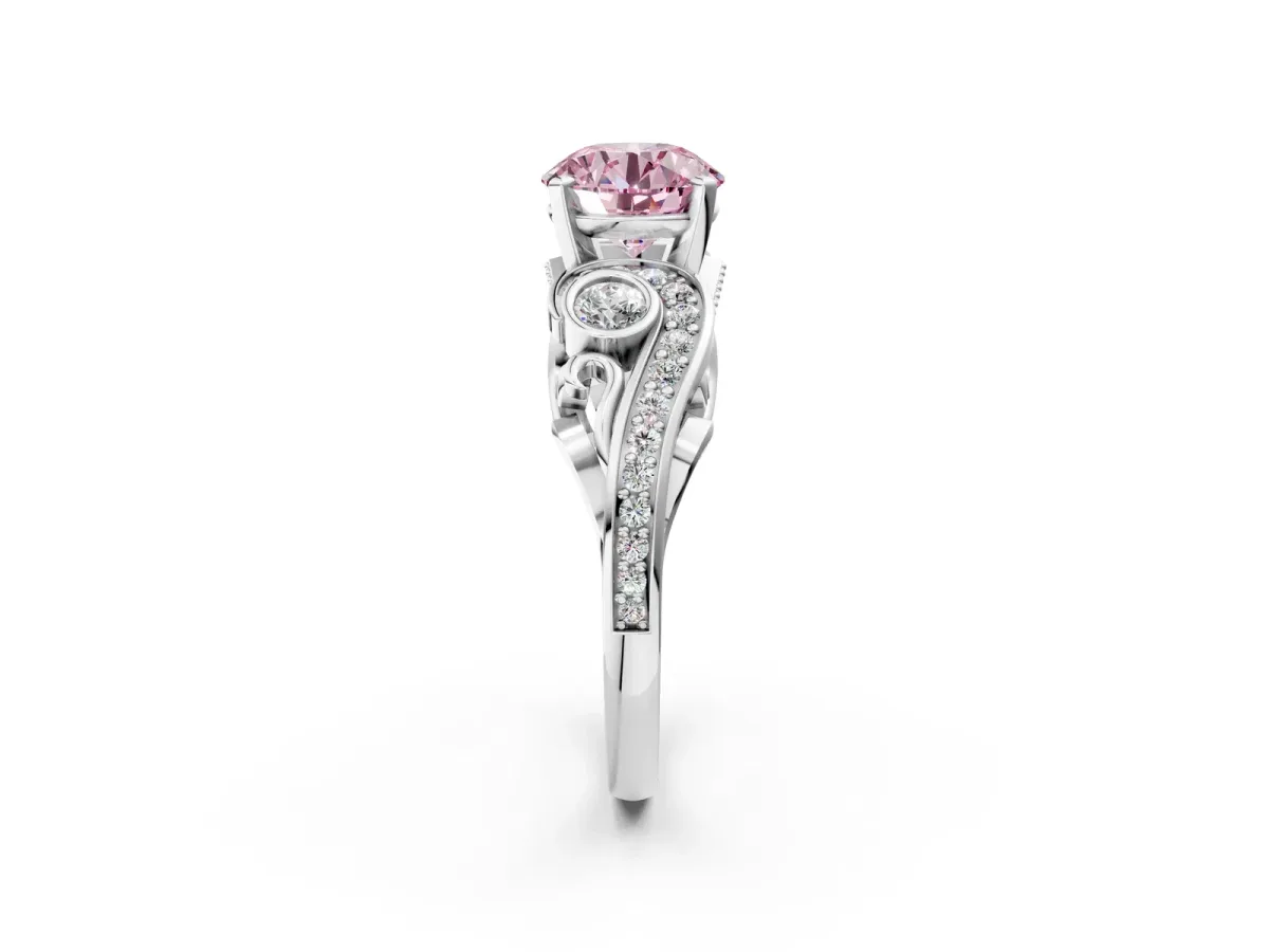 Fancy Pink Round Cut Diamond Solitaire Ring with Milgrain Pavé Band and Four-Prong Setting Silver