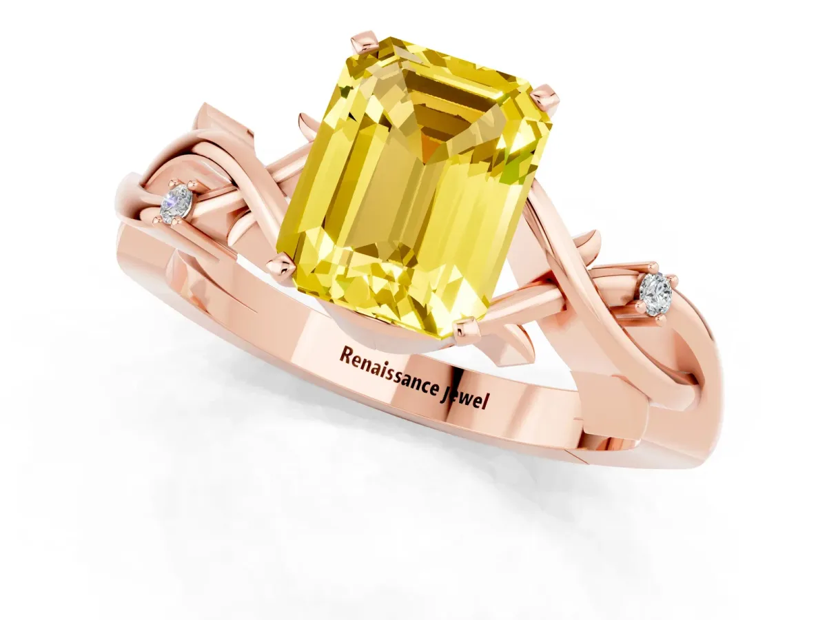 Emerald Cut Yellow Sapphire Solitaire Ring with Twisted Band and Prong Setting Rose gold