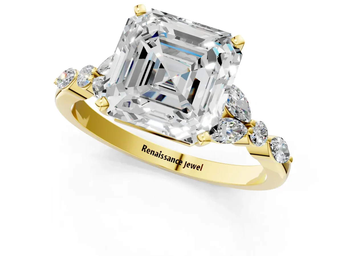 Asscher Cut Diamond Solitaire Ring with Side Stones and Four-Prong Setting Yellow gold