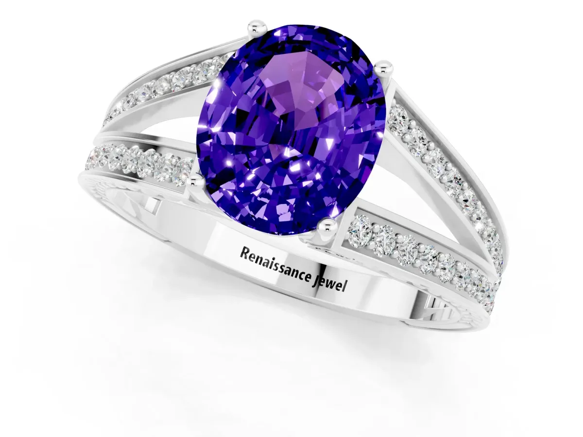 Oval Cut Tanzanite Split Shank Ring with Pavé Band and Four-Prong Setting White gold