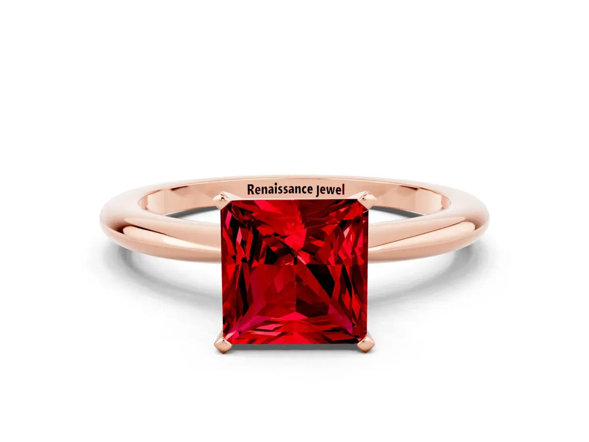 Princess Cut Ruby Solitaire Ring with Six-Prong Setting and Classic Band Rose gold