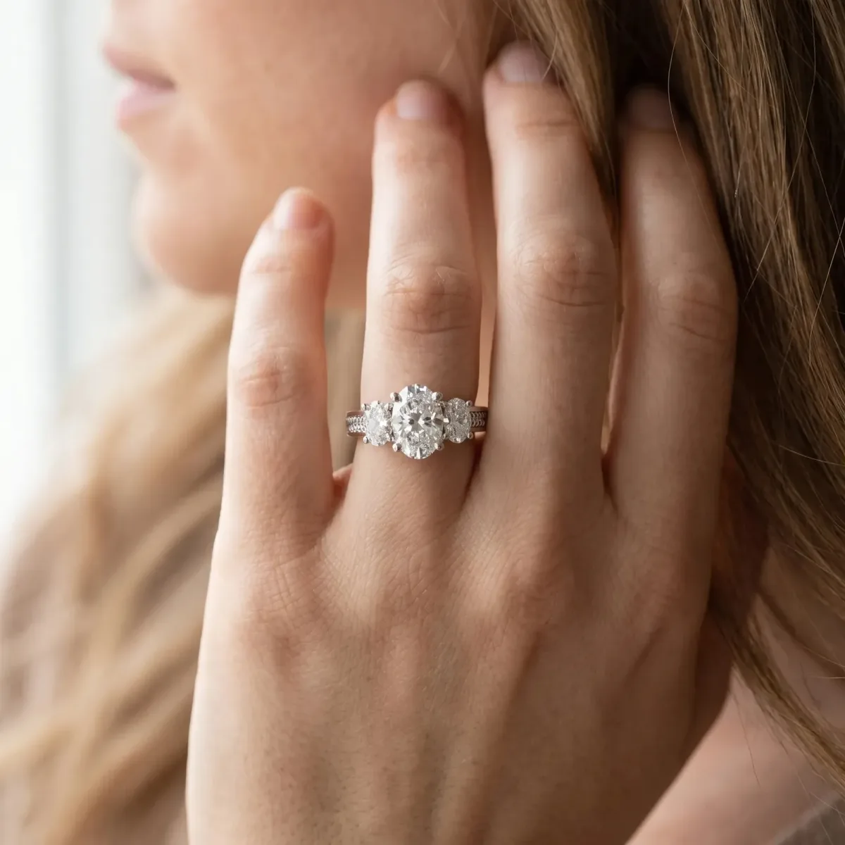 Asscher Cut Diamond Three-Stone Ring with Prong Setting and Textured Band Platinum
