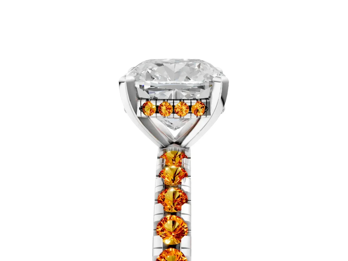 Cushion Cut Diamond Solitaire Ring with Round Citrine Pavé Band and Four-Prong Setting Silver
