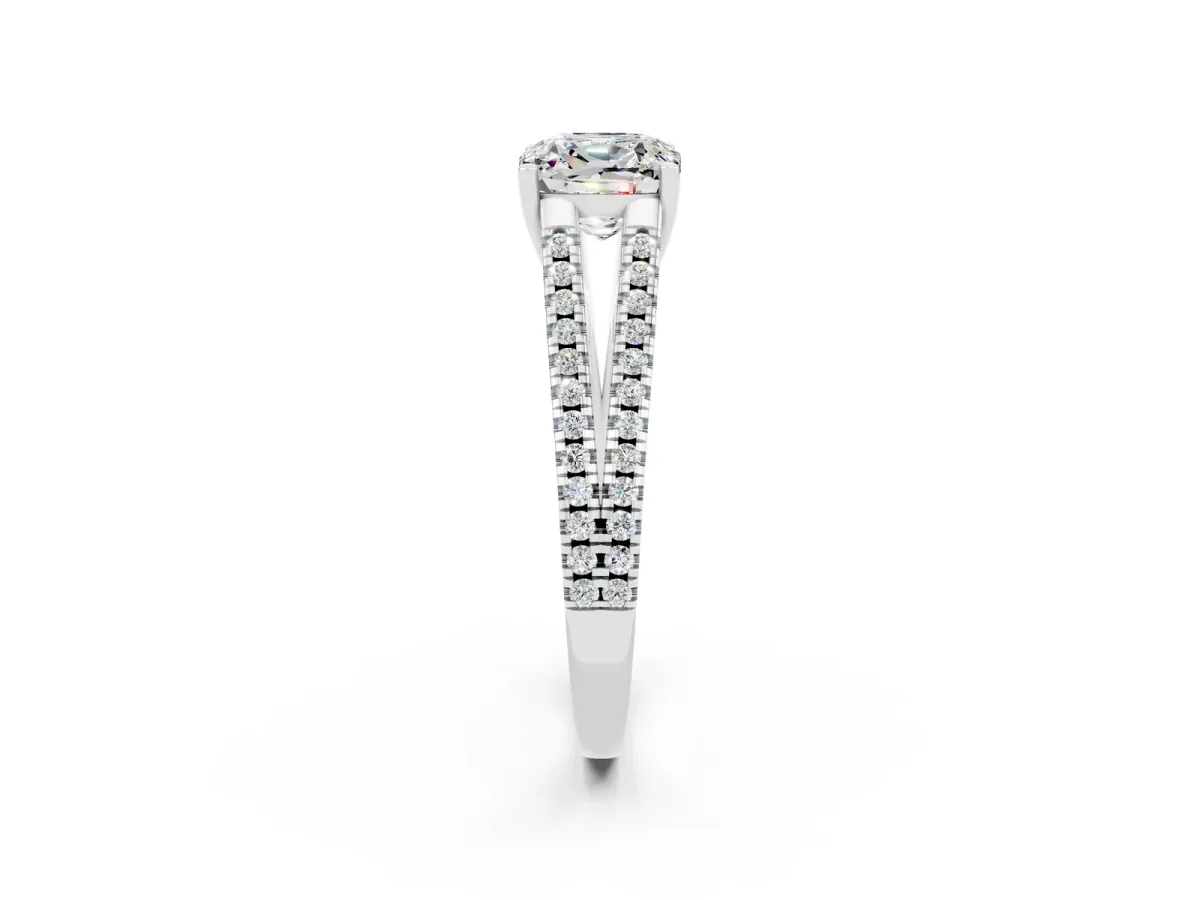 Cushion Cut Moissanite Solitaire Engagement Ring with Split Shank Pavé Band Silver