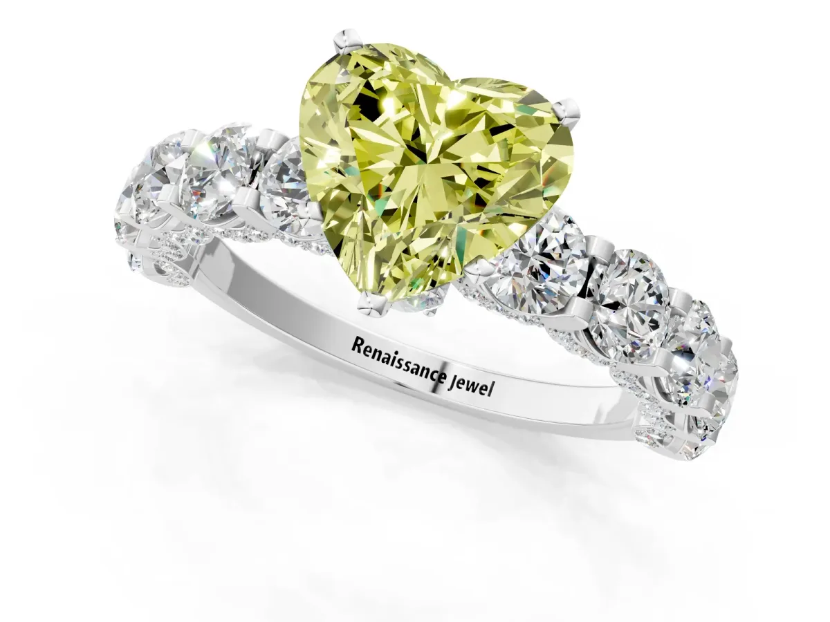 Fancy Yellow Heart Cut Diamond Side Stone Engagement Ring with Four-Prong Setting White gold