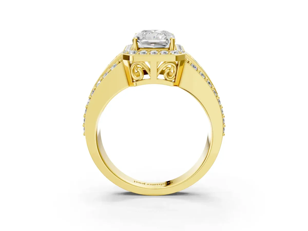 Radiant Cut Halo Diamond Ring with Round Split Shank and Prong Setting Yellow gold