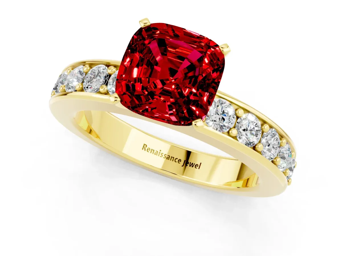 Cushion Cut Ruby Engagement Ring with Channel Set Round Band and Prong Setting Yellow gold