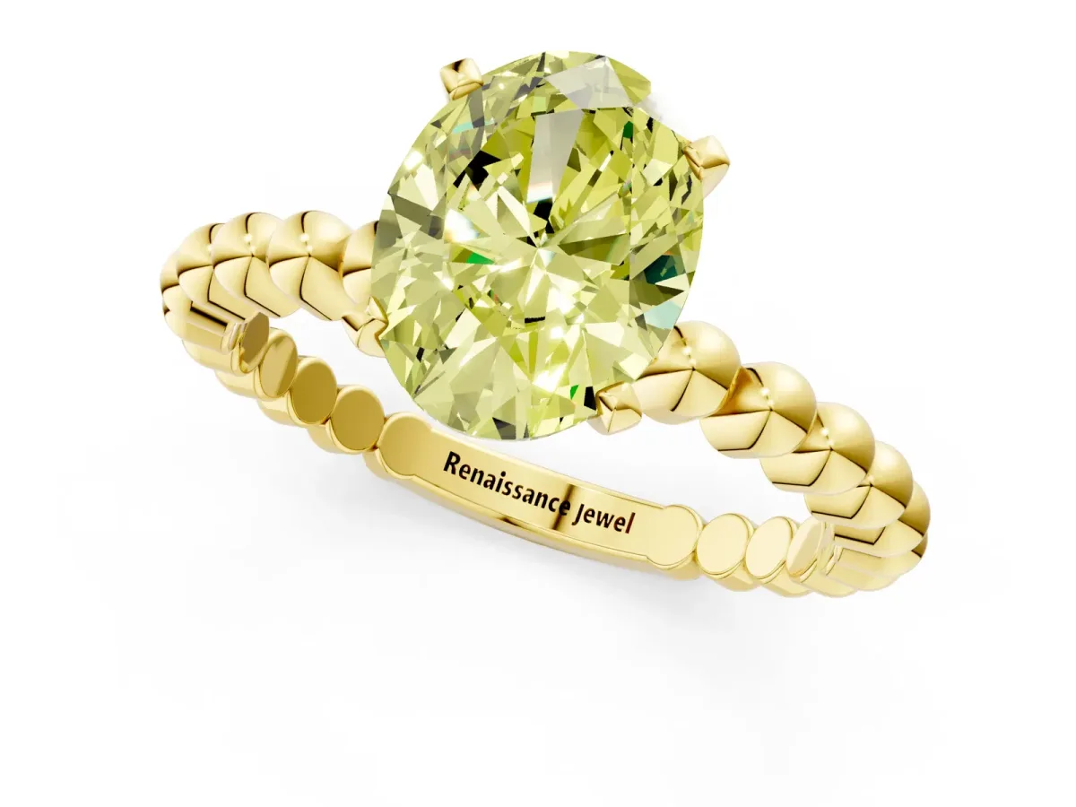 Fancy Yellow Oval Cut Diamond Solitaire Ring with Beaded Band and Prong Setting Yellow gold