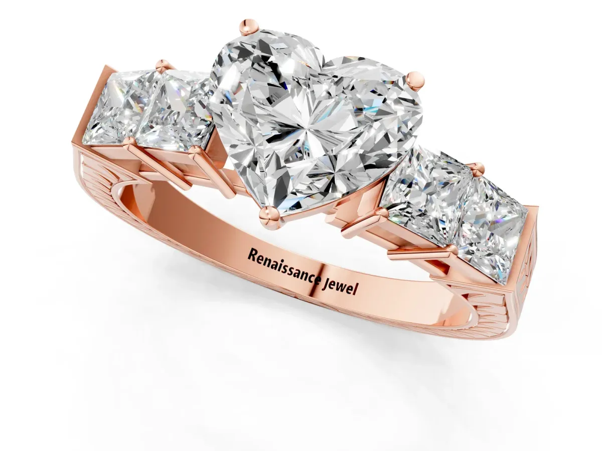Heart Cut Solitaire Princess Side Stone Engraved Band Prong Setting Ring Rose gold