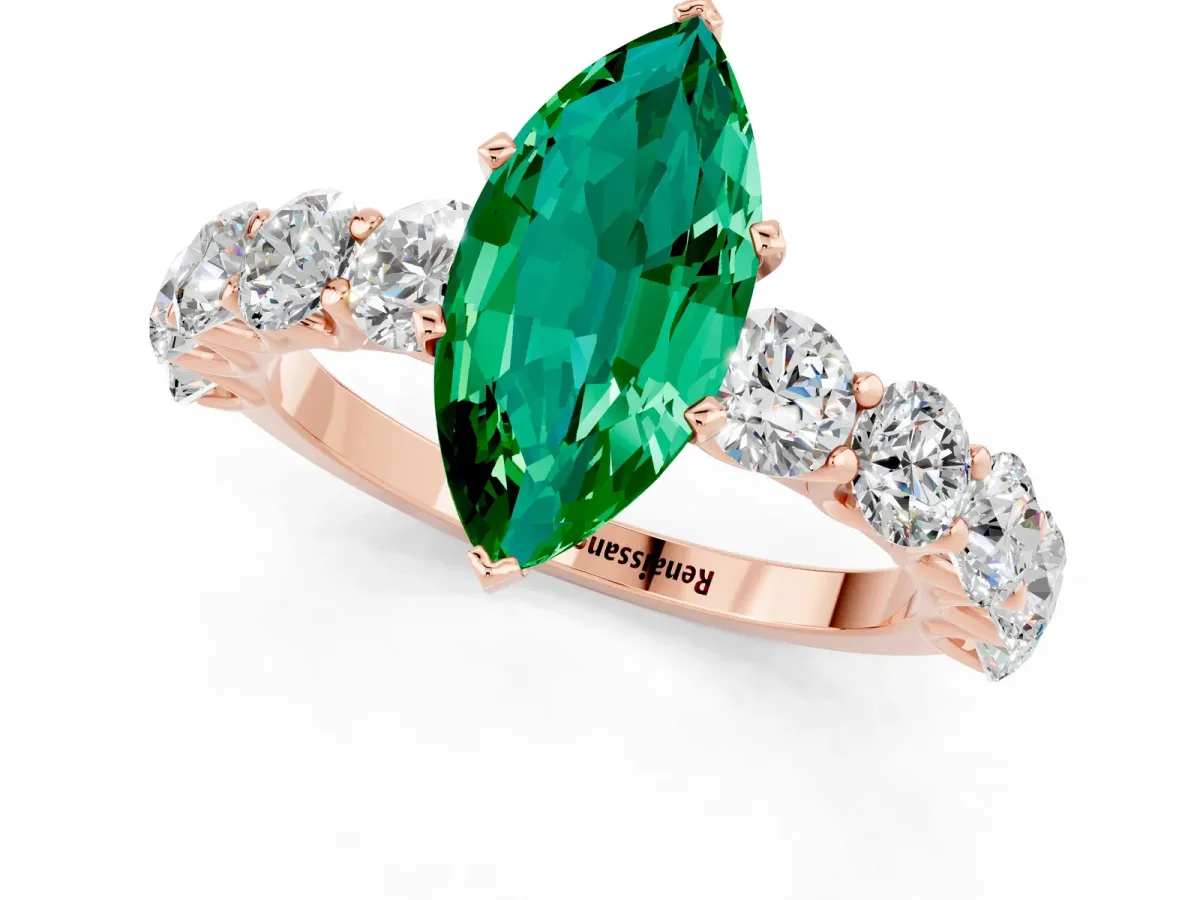 Marquise Cut Emerald Prong Setting with Side Stones on a Pave Band Rose gold