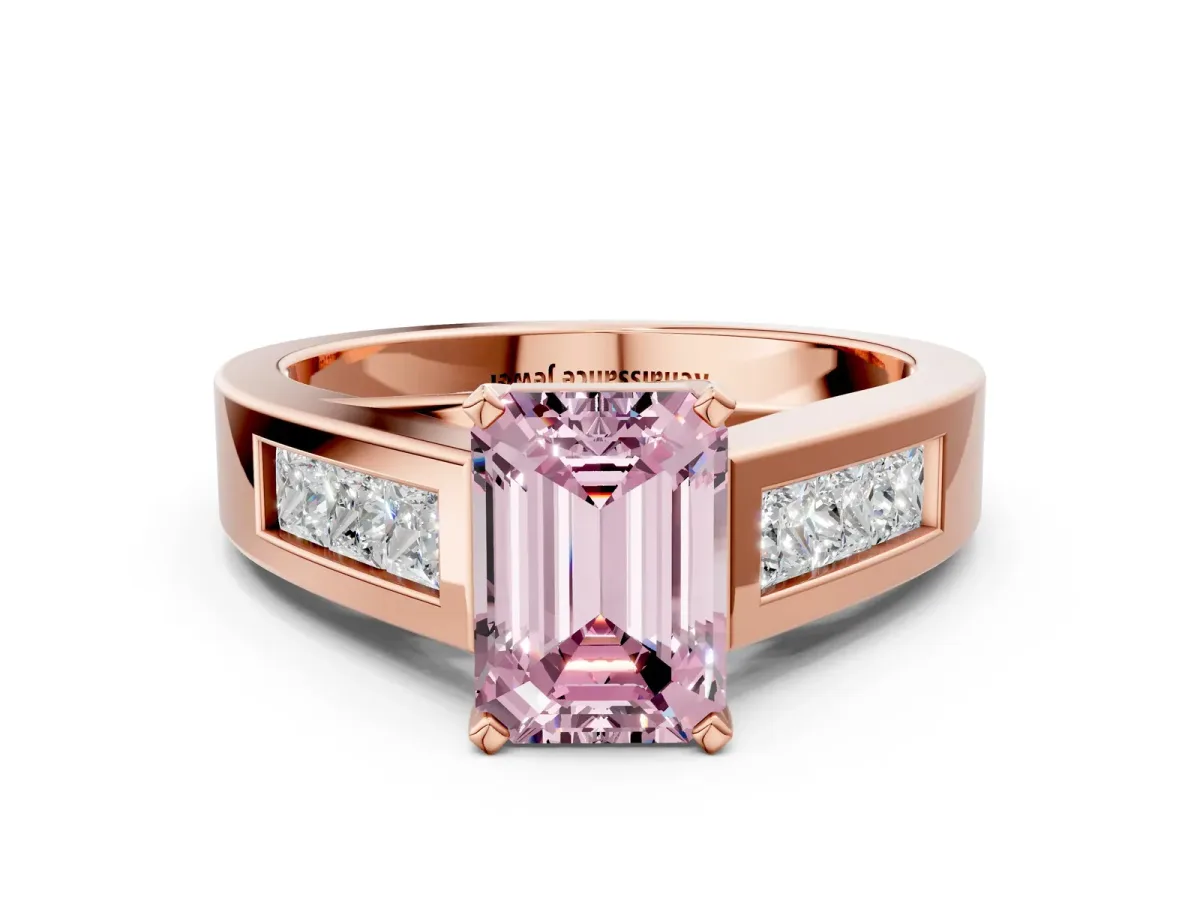 Fancy Pink Emerald Cut Cut Channel Set Solitaire Ring with Four-Prong Setting Rose gold