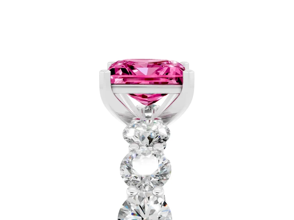 Princess Cut Pink Sapphire Prong Setting with Side Stones on a Pave Band Silver