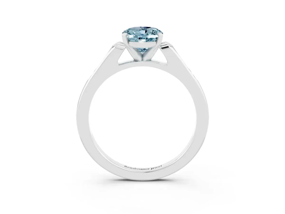 Oval Cut Aquamarine Solitaire Ring with Channel Set Round Band and Prong Setting Silver