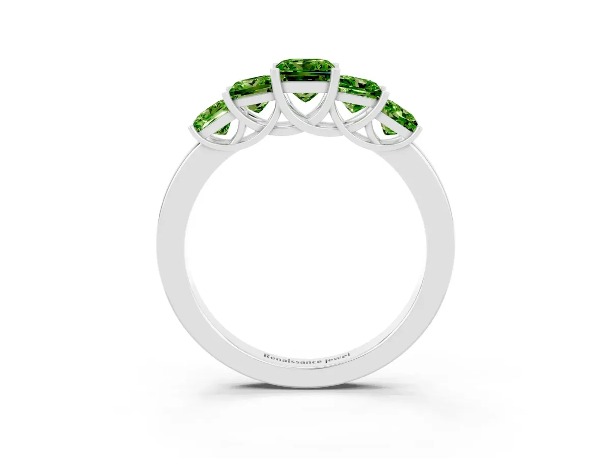 Princess Cut Five-Stone Peridot Ring with Classic Prong Setting White gold