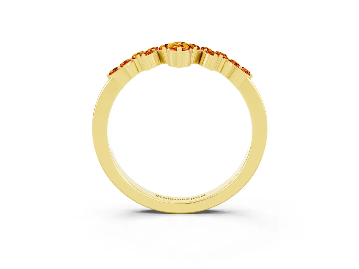 Marquise and Round Citrine Chevron Band with Prong Setting Yellow gold