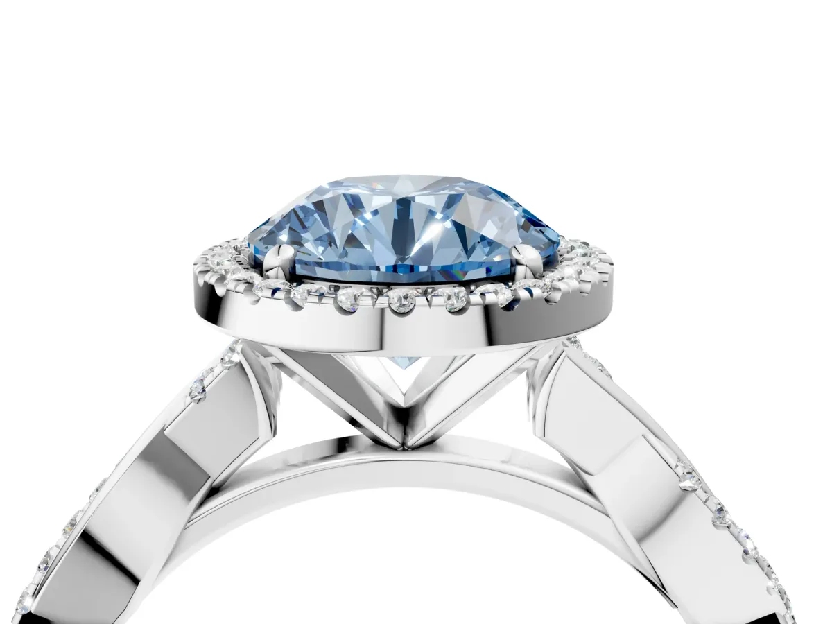 Fancy Blue Round Cut Cut Halo Twisted Band Four-Prong Ring Platinum