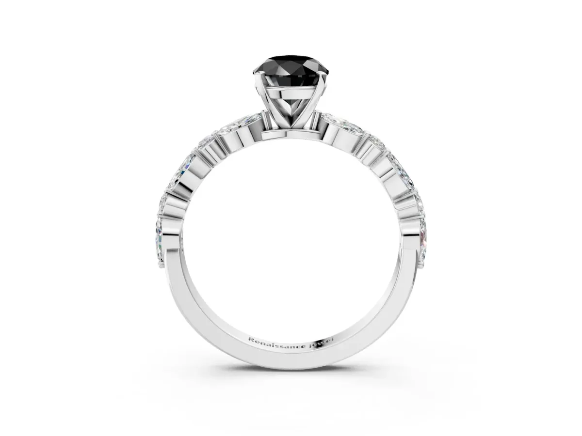 Fancy Black Pear Cut Diamond Ring with Marquise and Round Side Stones and Four-Prong Setting Silver