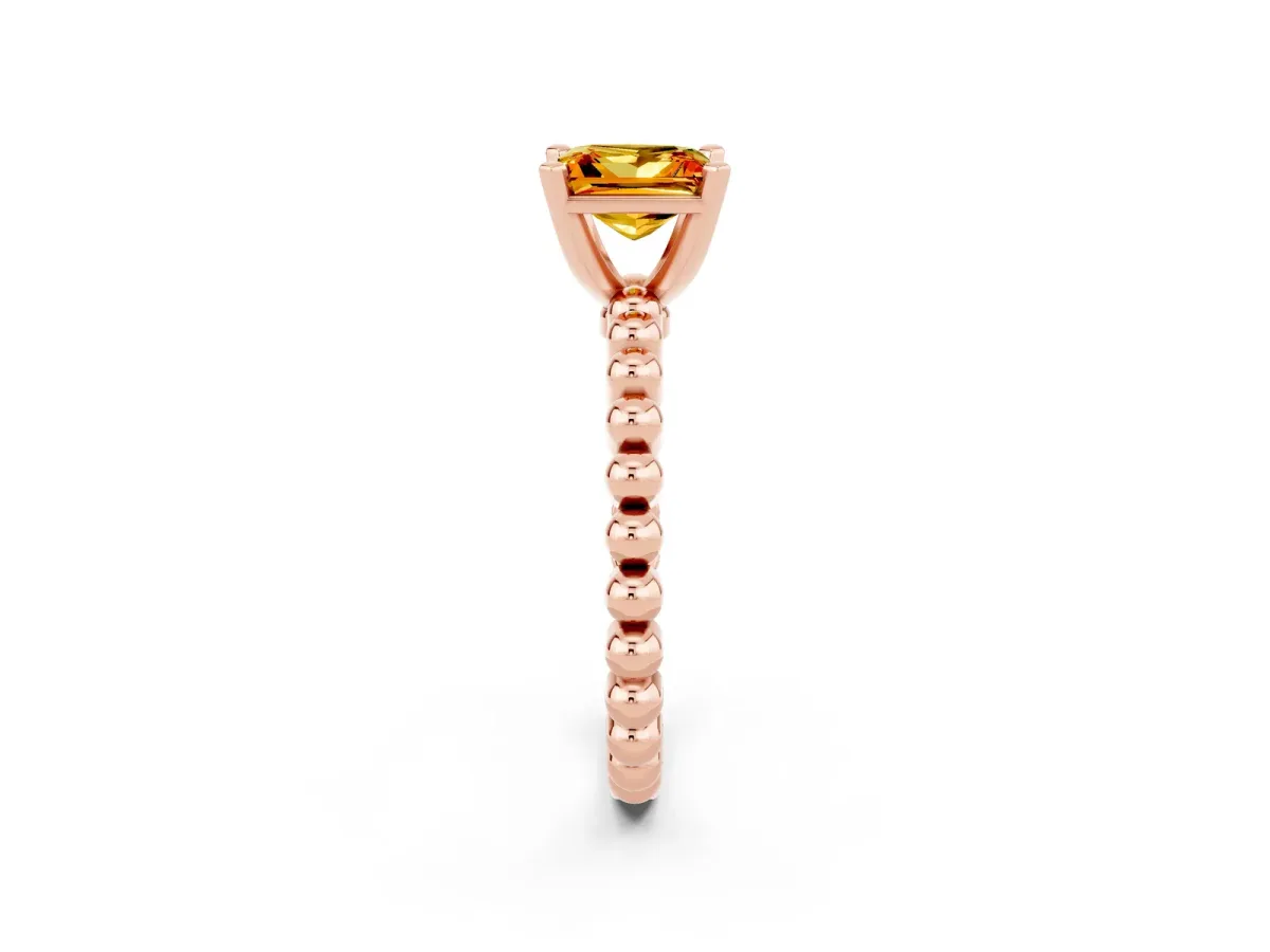 Princess Cut Citrine Solitaire Ring with Beaded Band and Prong Setting Rose gold