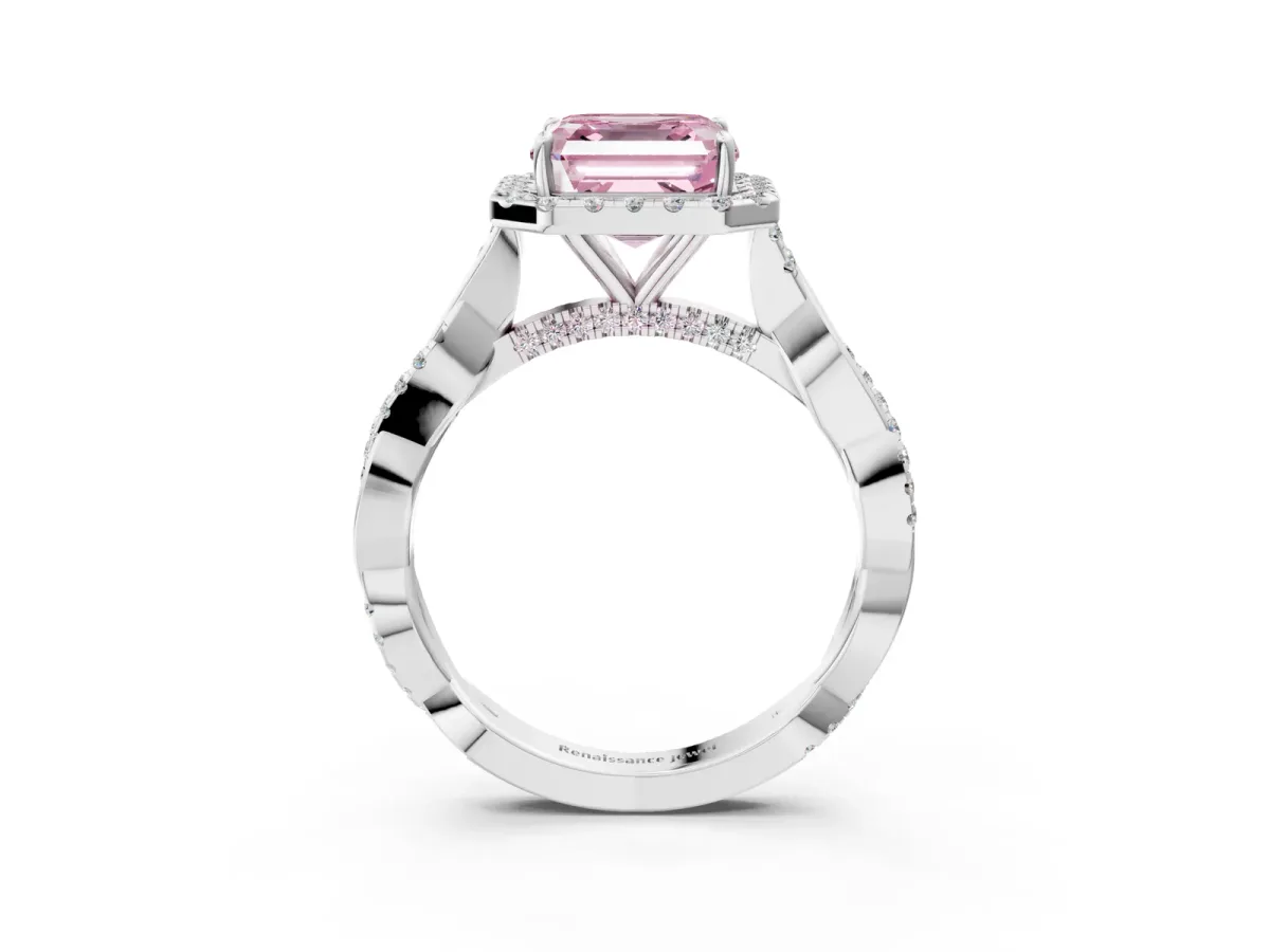 Fancy Pink Asscher Cut Halo Twist Band Solitaire Ring Platinum
