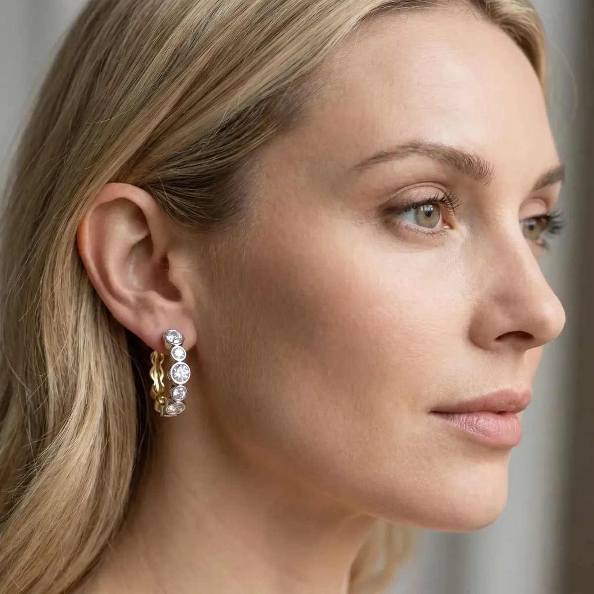Channel-Set Round Diamond Two-Tone Hoop Earrings with Claw Prong Setting Silver