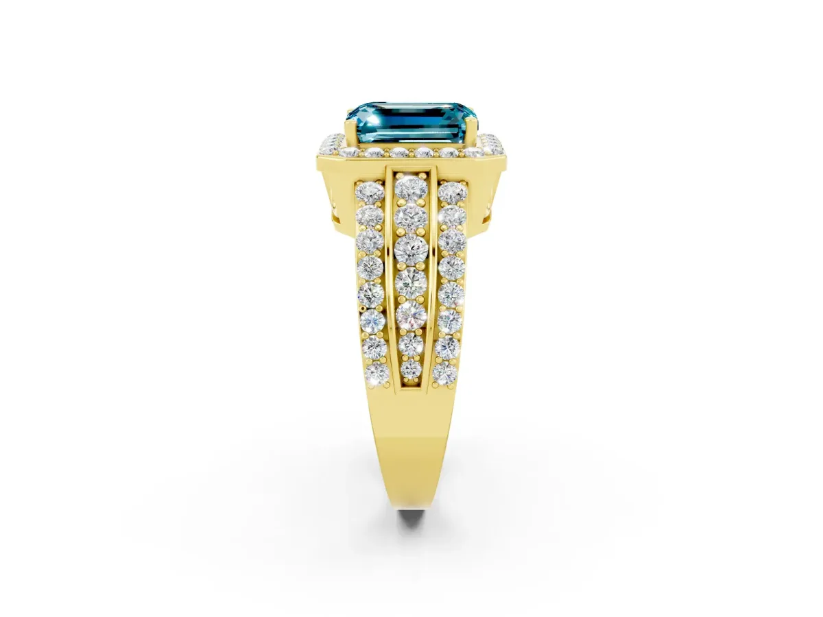 Emerald Cut Halo Blue Topaz Ring with Round Split Shank and Prong Setting Yellow gold