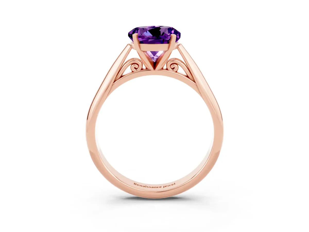 Round Cut Amethyst Solitaire Engagement Ring with Cathedral Setting and Four-Prong Mount Rose gold