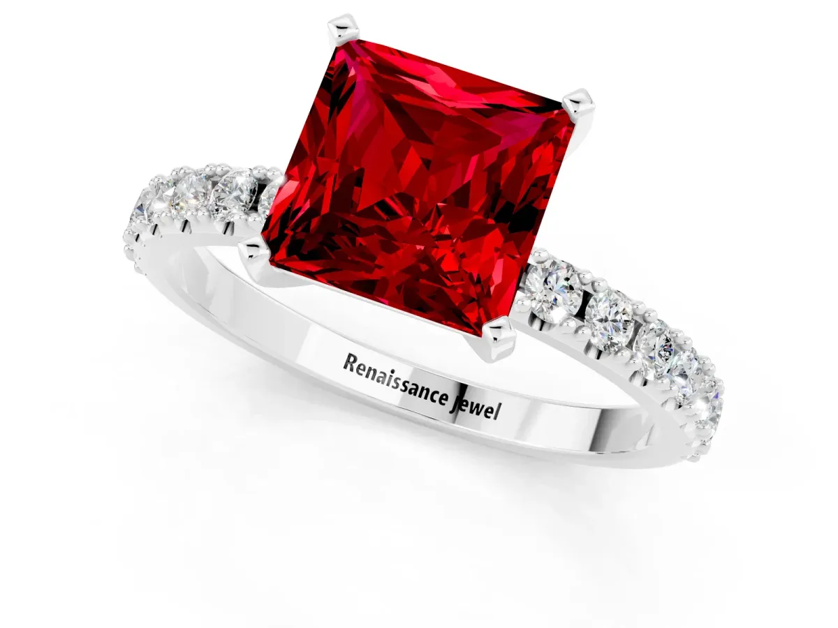 Princess Cut Ruby Solitaire Pavé Band with Four-Prong Setting White gold