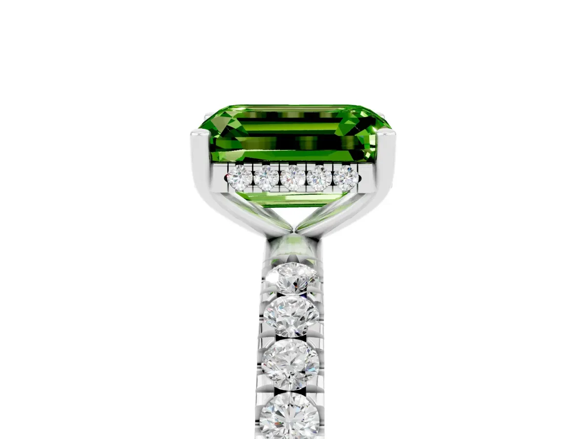 Emerald Cut Peridot Pave Band Solitaire Ring with Round and Prong Setting Platinum