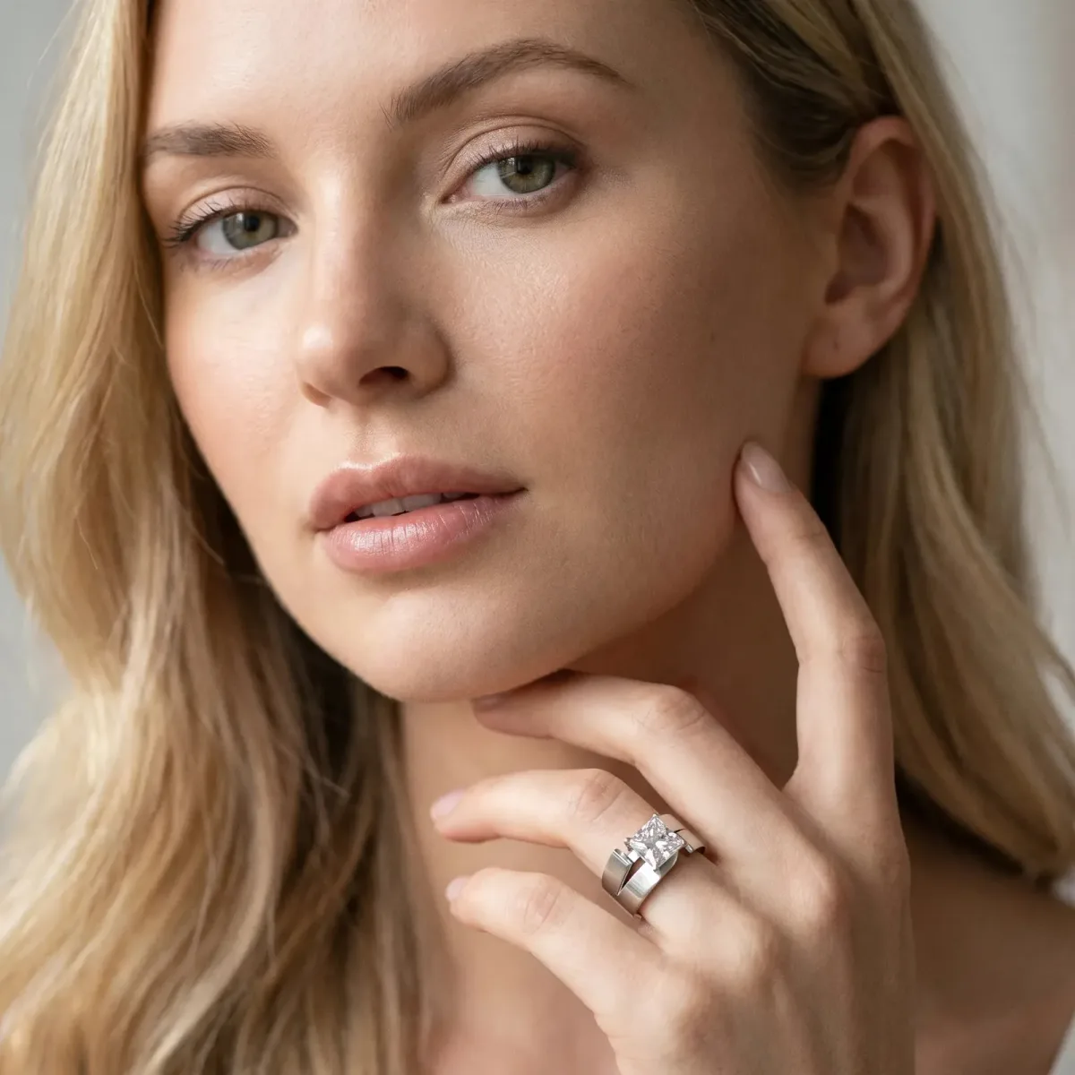 Modern Tension Set Princess Cut Diamond Solitaire Wide Band Ring Silver