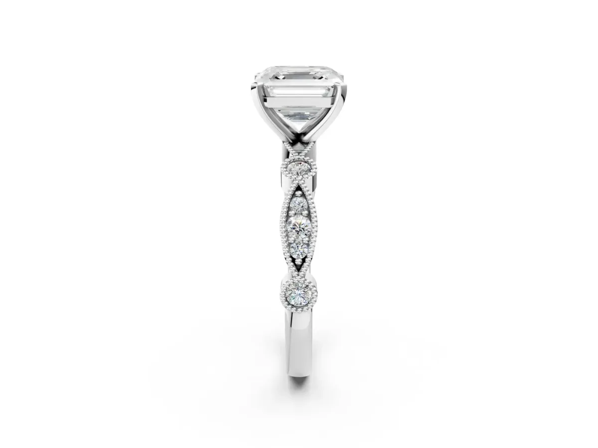 Asscher Cut Milgrain Bezel Diamond Engagement Ring with Solitaire Prong Setting Platinum