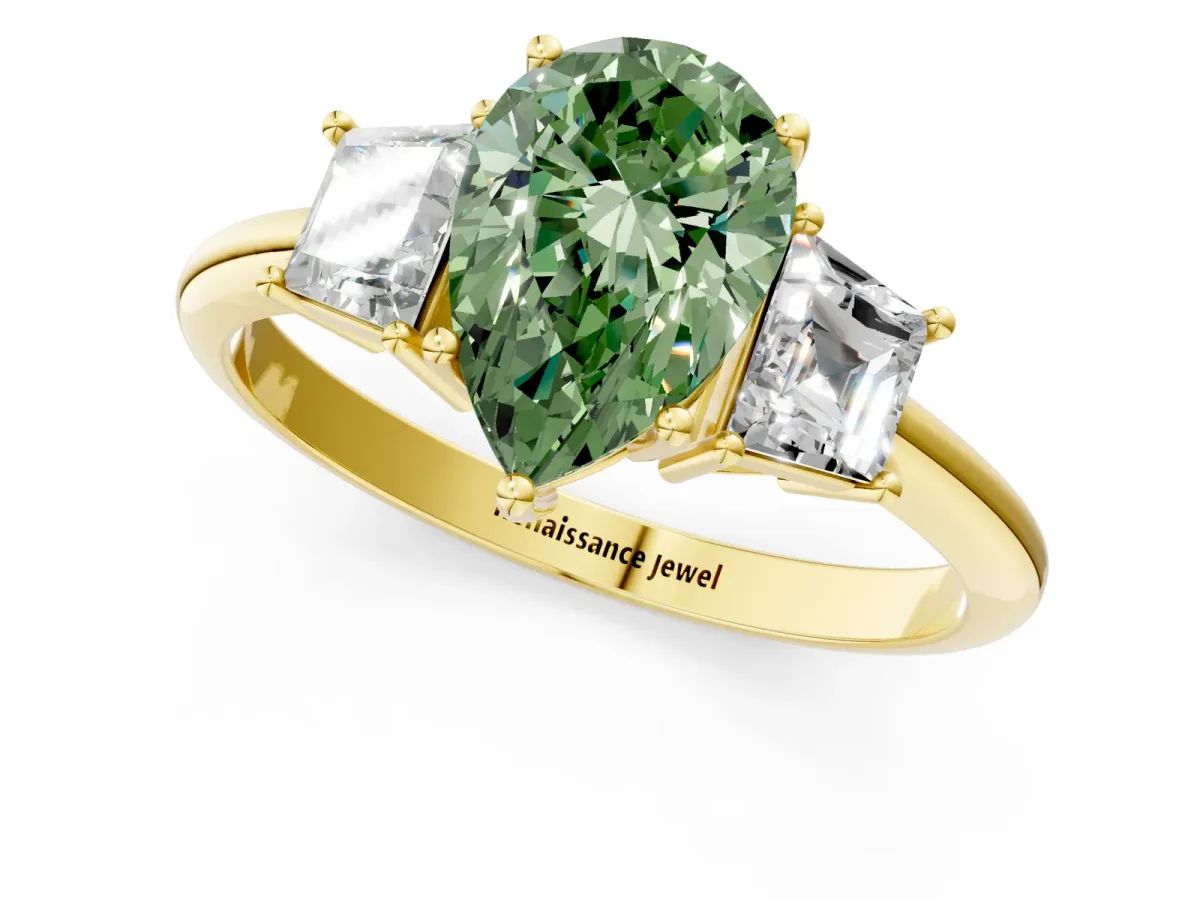 Fancy Green Pear Cut Diamond Three-Stone Ring with Trapezoid Side Stones and Prong Setting Yellow gold
