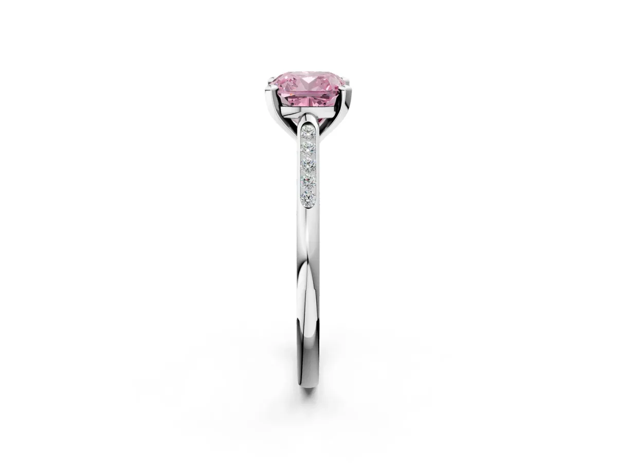 Fancy Pink Cushion Cut Diamond Solitaire Ring with Channel Set Round Band and Prong Setting Silver