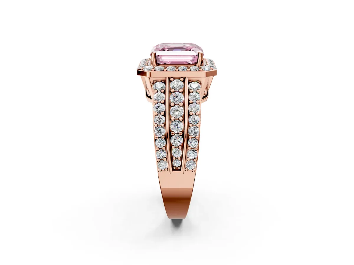 Fancy Pink Asscher Cut Halo Diamond Ring with Round Split Shank and Prong Setting Rose gold