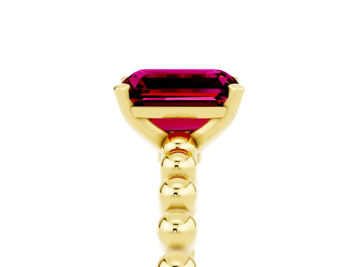 Emerald Cut Garnet Solitaire Ring with Beaded Band and Prong Setting Yellow gold