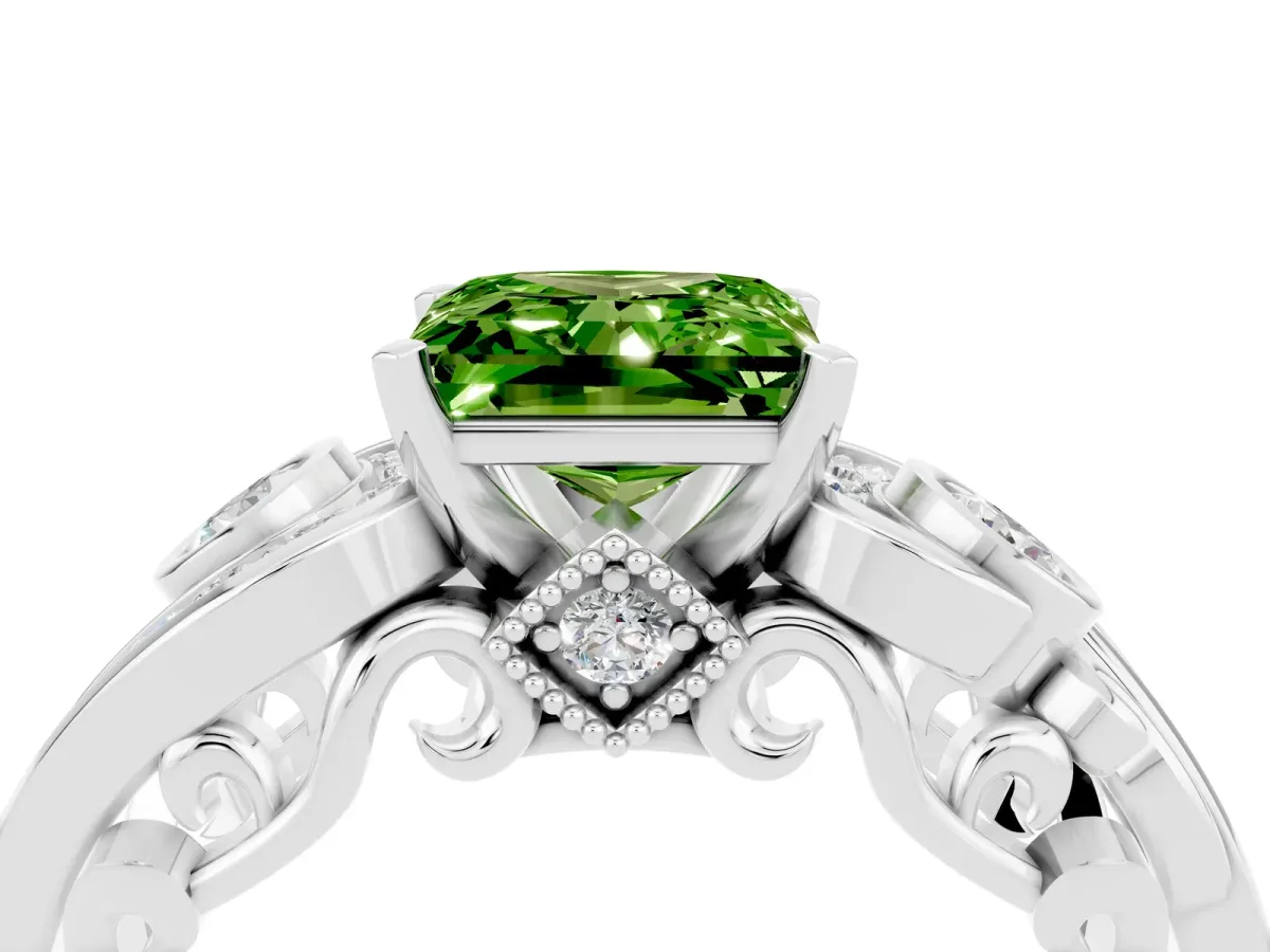 Princess Cut Peridot Solitaire Ring with Milgrain Pavé Band and Four-Prong Setting Silver