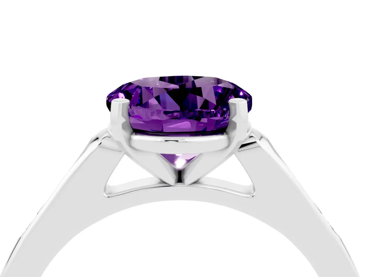 Round Cut Amethyst Solitaire Ring with Channel Set Round Band and Prong Setting Silver