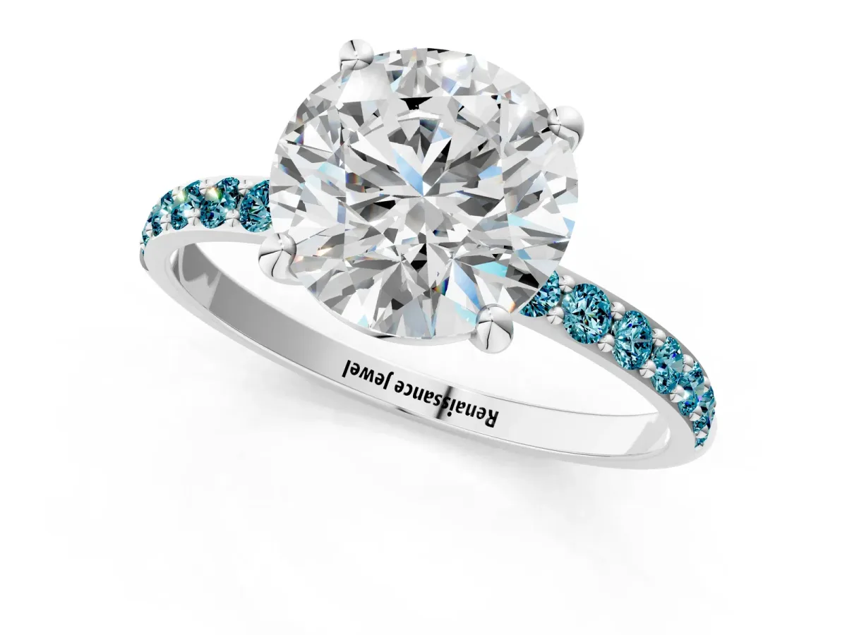 Round Cut Diamond Solitaire Ring with Round Blue Topaz Pavé Band and Prong Setting Silver