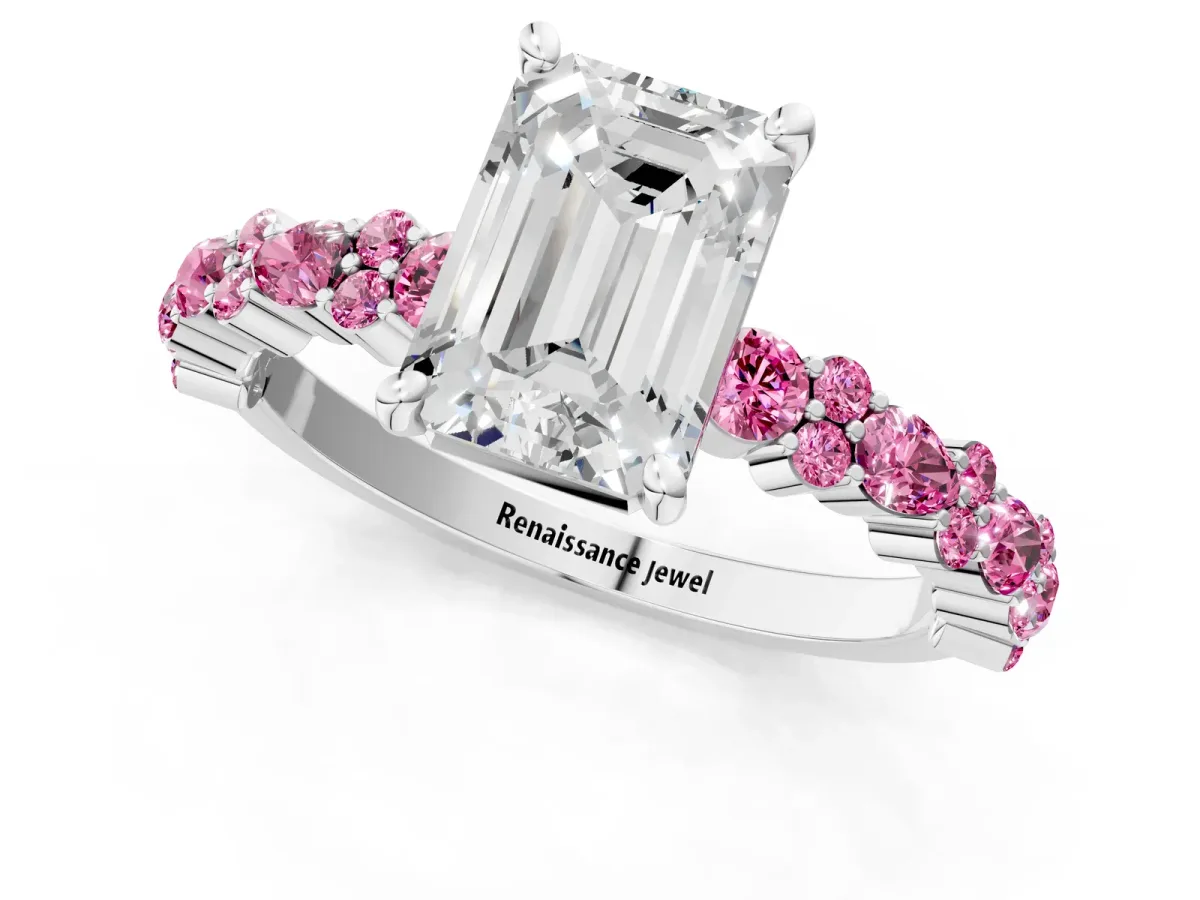 Emerald Cut Diamond Side Stone Solitaire Ring with Round Pink Sapphire and Four-Prong Setting Platinum