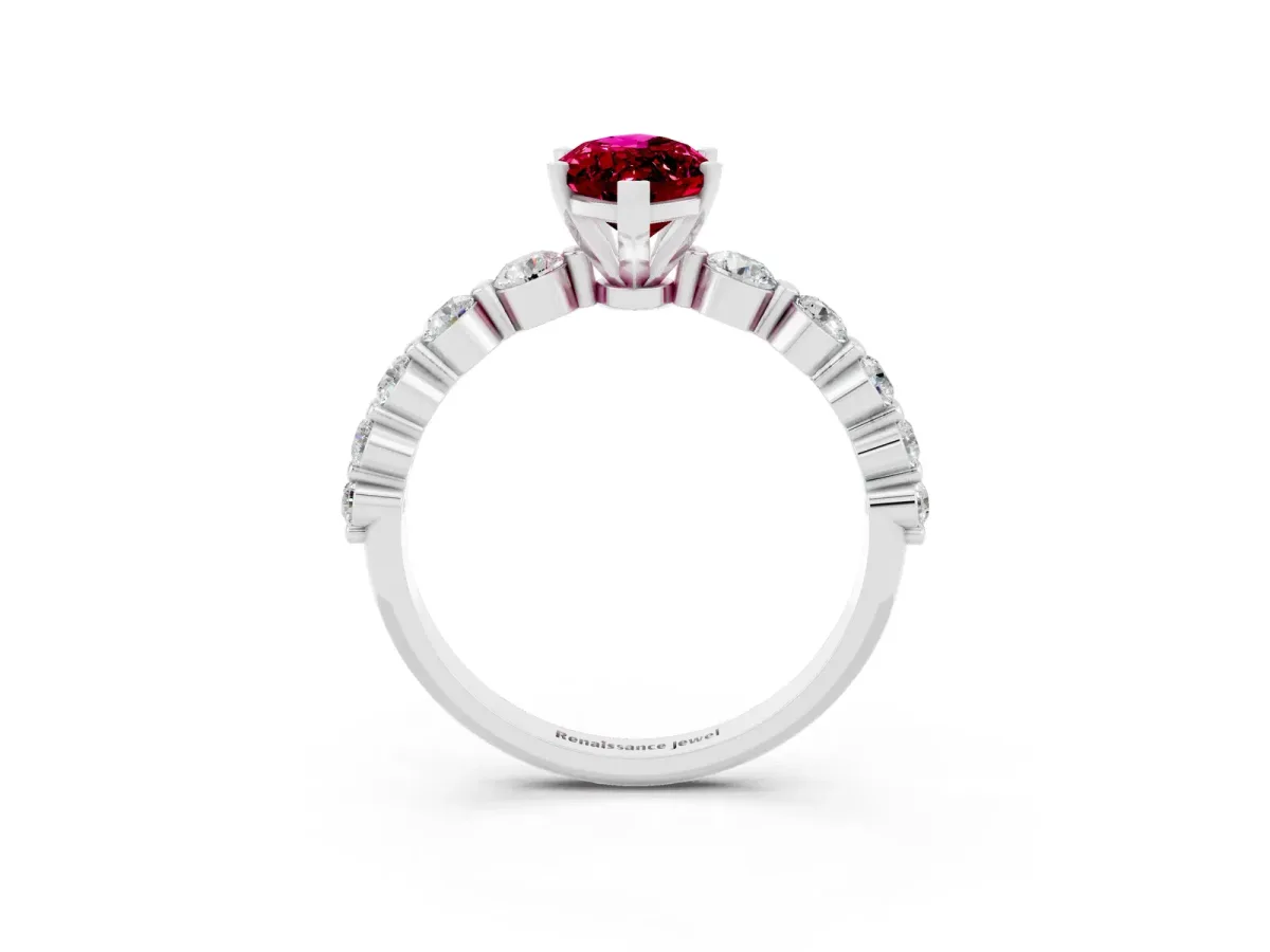 Marquise Cut Solitaire Garnet Ring with Pave Band and Four-Prong Setting Silver