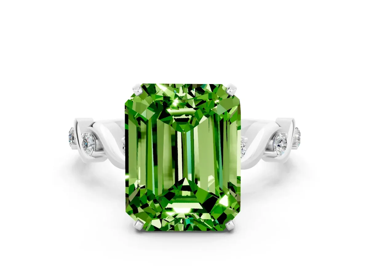 Emerald Cut Peridot Solitaire Twisted Band with Round Accents and Prong Setting Silver