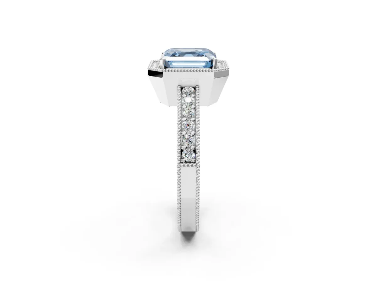 Fancy Blue Asscher Cut Cut Halo Diamond Pave Band Ring with Four-Prong Setting Platinum