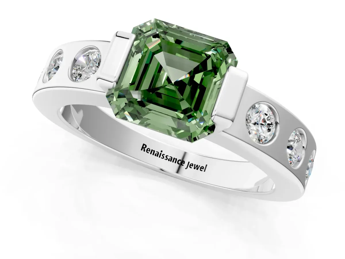 Fancy Green Asscher Cut Brilliant Channel-Set Diamond Ring with Bezel Prong Setting Platinum