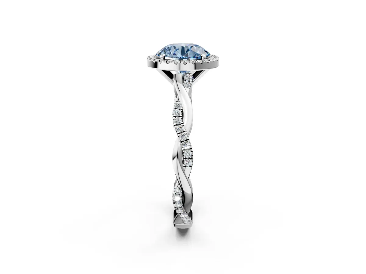 Fancy Blue Round Cut Cut Halo Twisted Band Four-Prong Ring Platinum