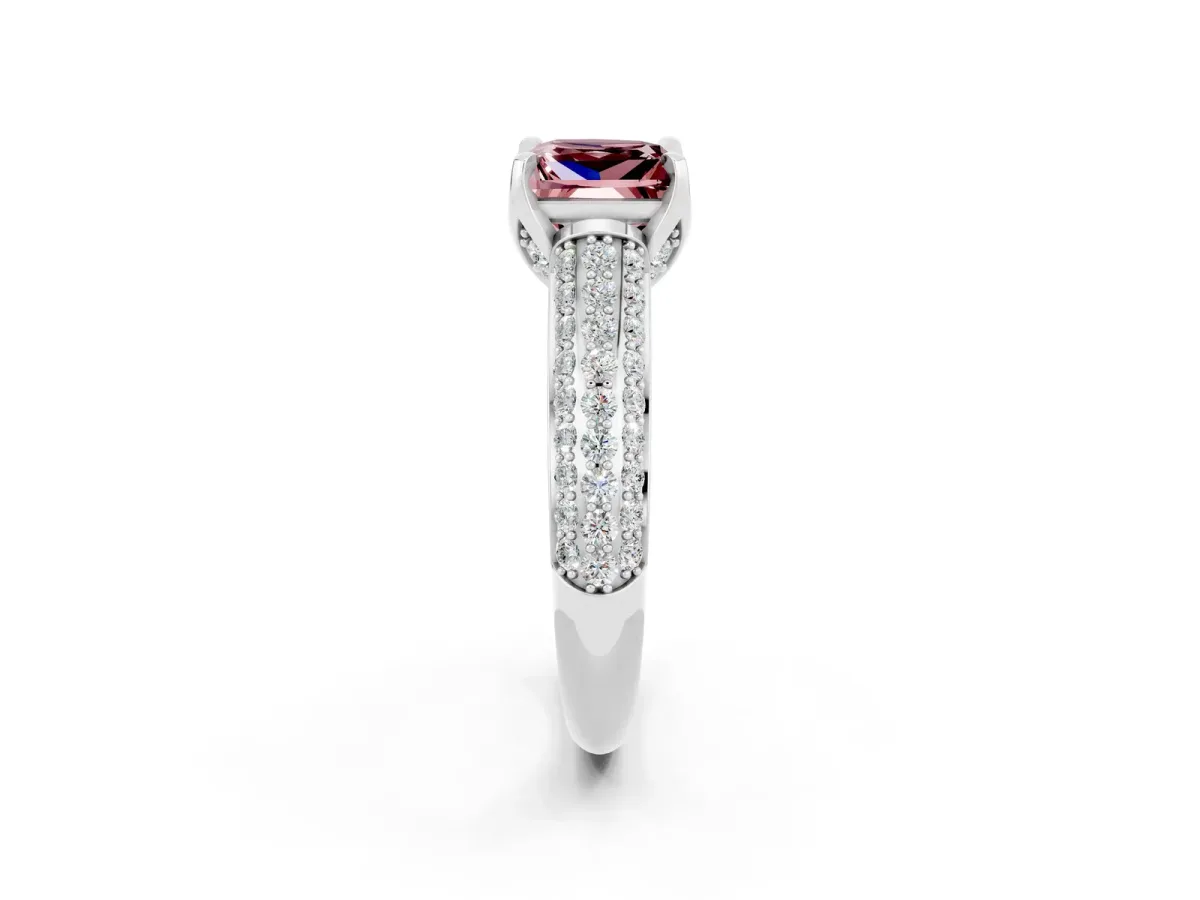 Princess Cut Morganite Solitaire Ring with Three-Row Pavé Band and Four-Prong Setting Platinum
