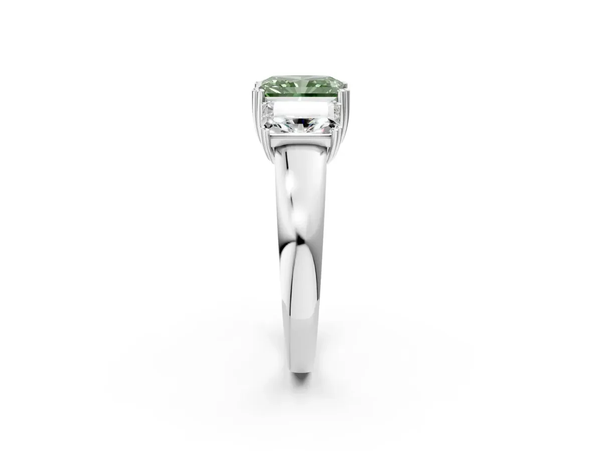 Fancy Green Three-Stone Radiant Cut Cut Diamond Ring with Channel Set Band and Four-Prong Setting Silver
