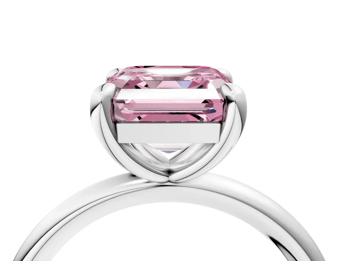 Fancy Pink Asscher Cut Solitaire Diamond Ring with Four-Prong Setting on a Plain Band Platinum